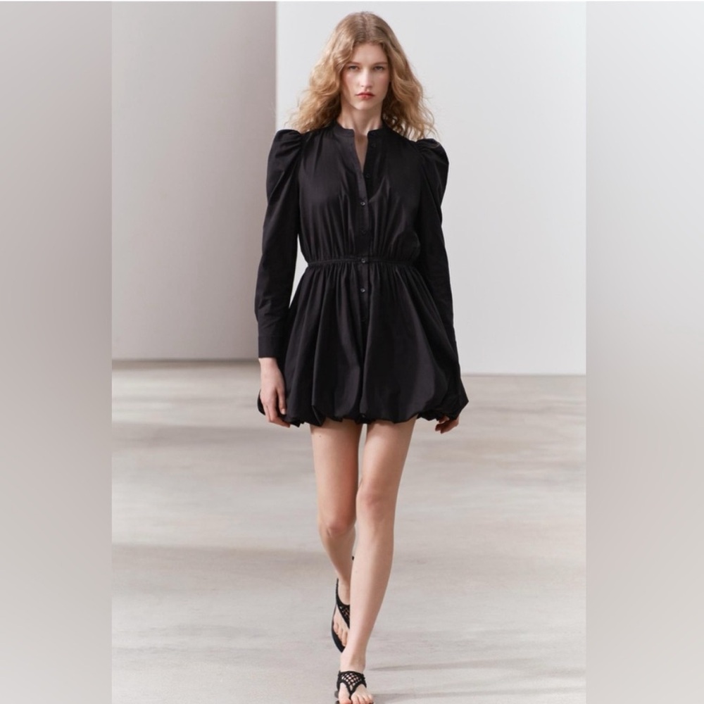 NWT Zara Black Bubble hem, Button Down Dress with Puff Long Sleeves